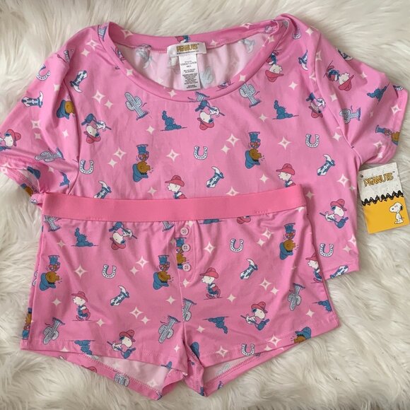 PEANUTS SNOOPY Country Western Cropped Tee with Matching Boyshorts Sz LARGE - Picture 2 of 5
